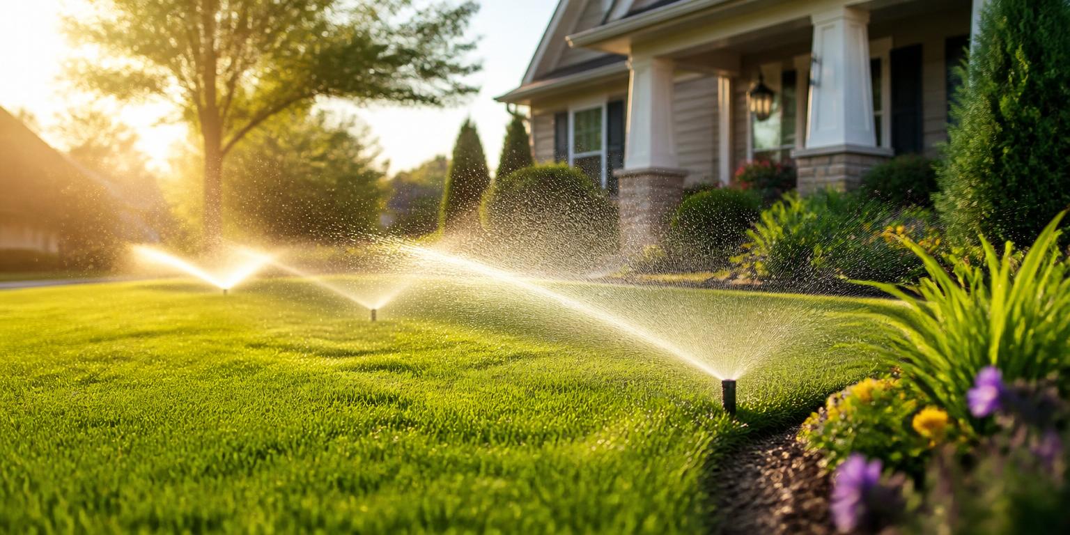 Beautiful green lawn with a sprinkler system watering grass in morning sunlight